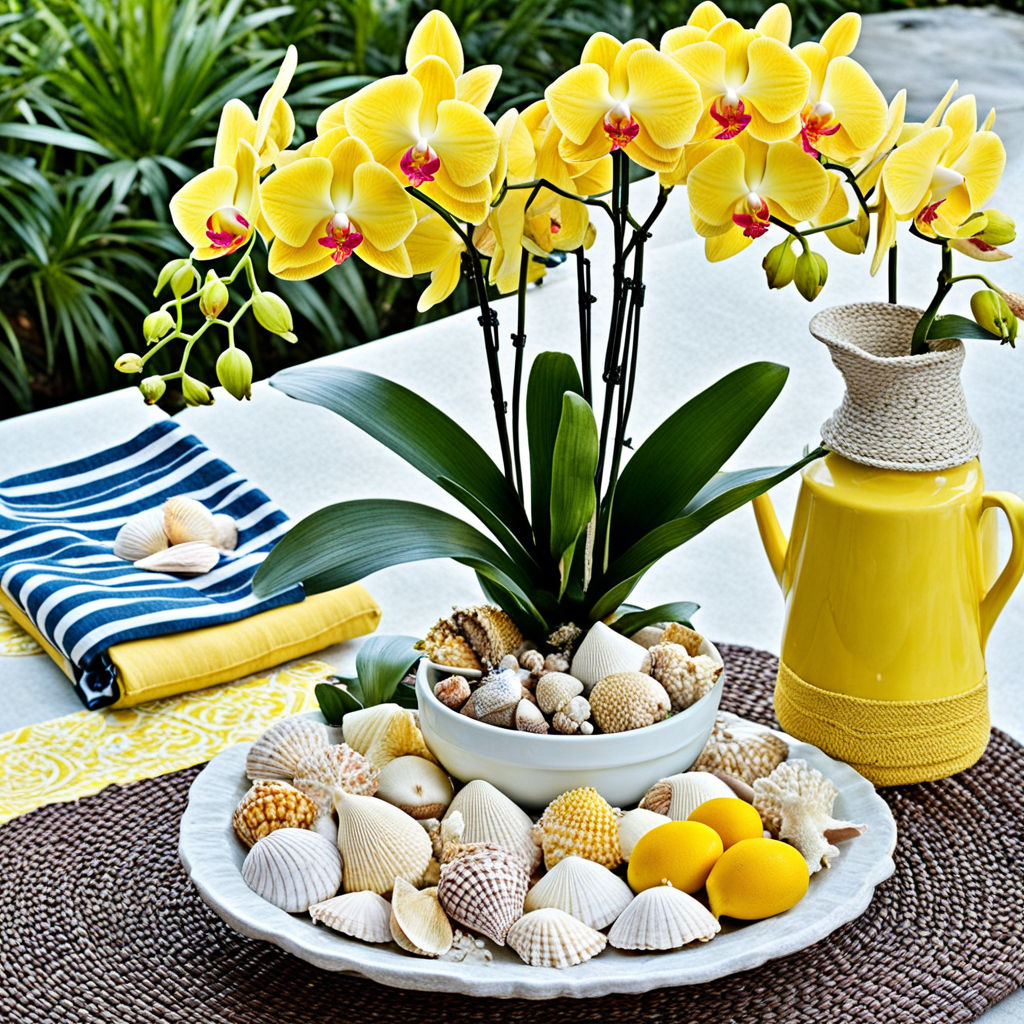 yellow-orchid-arrangement--summer-themed-decor-seashells-beach-inspired-accessories-bright-textile