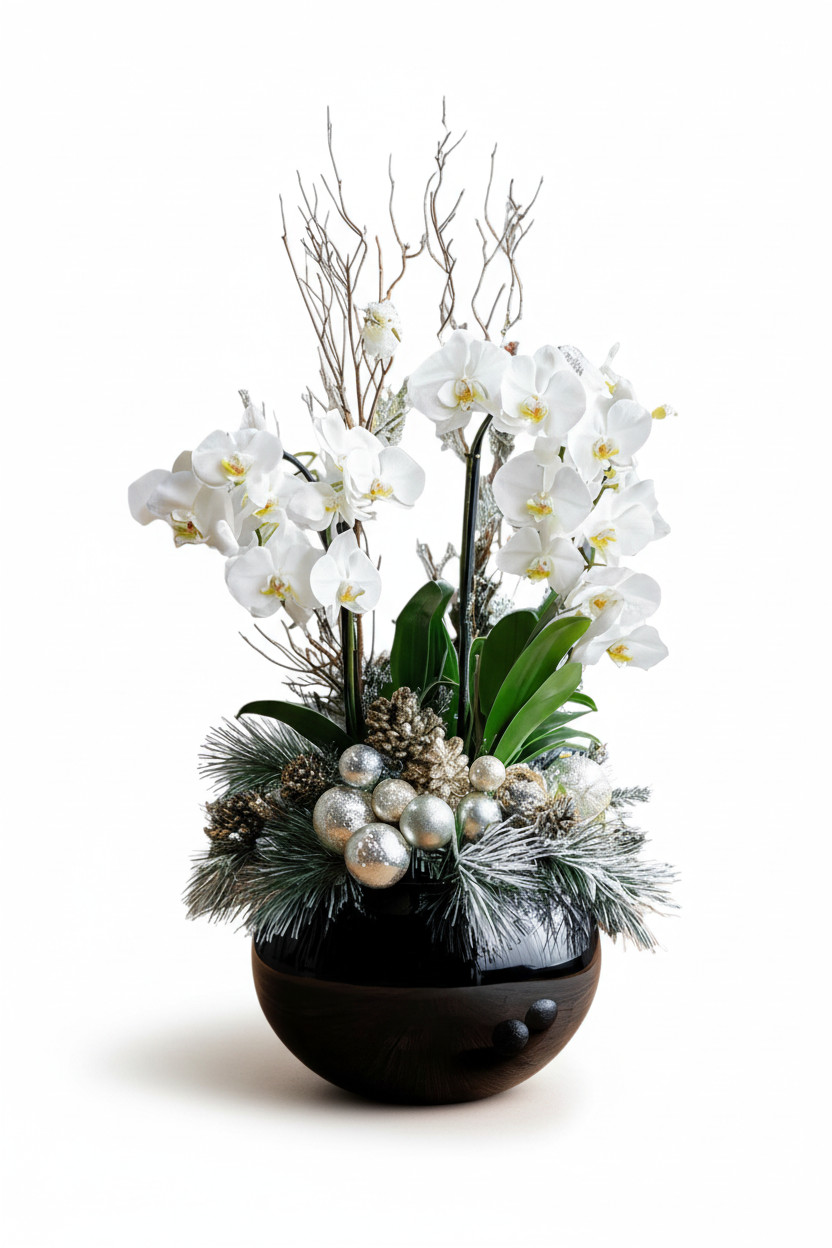 Frosted Elegance: White Orchid Winter Arrangement