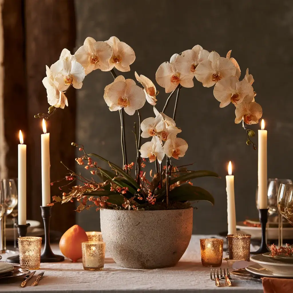 Warm Tones: For a cozier effect, choose orchids in soft cream, blush, or golden hues that echo fall foliage and candlelight.